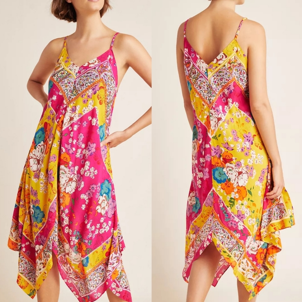 Floral Patchwork Midi Slip Dress - Pink & Yellow